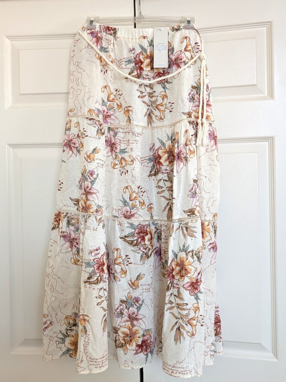 NWT Calypso St Barth Floral Map Linen Blend Tiered Maxi Skirt XL Rope Belt Boho